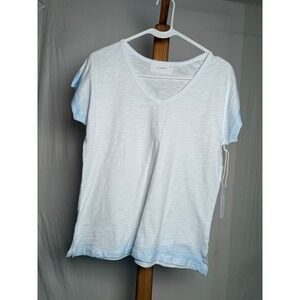 SIX/FIFTY Womens V-Neck Dip Dye Slub Knit Cap Sleeve T-Shirt White Blue XS NEW